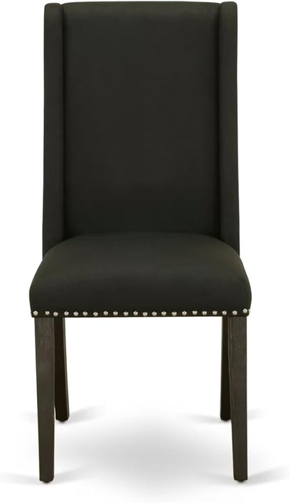 East West Furniture V697FL624-7 7 Piece Modern Dining Table Set Consist of a Rectangle Wooden Table with V-Legs and 6 Black Linen Fabric Parson Dining Chairs, 40x72 Inch, Multi-Color