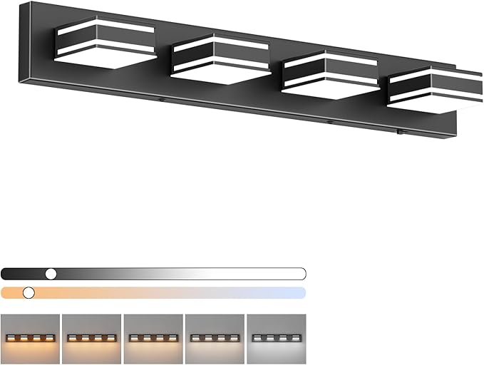 Ralbay 30inch Black Vanity Light for Bathroom with 5 Color Temperatures (3000K-6000K) Dimmable Metal Acrylic Modern LED Matte Black Bathroom Light Fixtures (4-Light)
