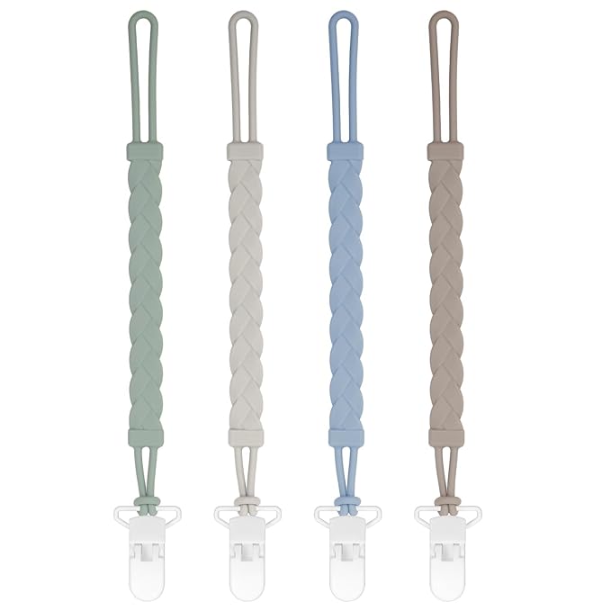 Stylish Silicone Pacifier Clips, 4-Pack Pacifier Holder with Flexible Woven Rope Design, 100% Food Grade Silicone, Easter Safe Essentials for Newborns Baby Boys and Girls