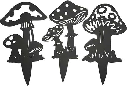 Decorative Mushroom Garden Stakes Black Garden Fairy Tale Mushroom Garden Stakes Metal Silhouette Art, Set of 3 (3, Matte Black)