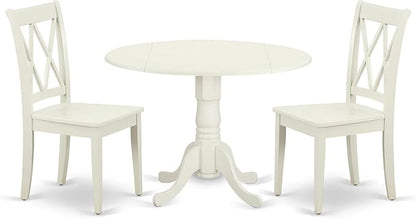 East West Furniture DLCL3-LWH-W 3 Piece Dining Room Table Set Contains a Round Dining Table with Dropleaf and 2 Wood Seat Chairs, 42x42 Inch, Linen White