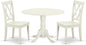 East West Furniture DLCL3-LWH-W 3 Piece Dining Room Table Set Contains a Round Dining Table with Dropleaf and 2 Wood Seat Chairs, 42x42 Inch, Linen White