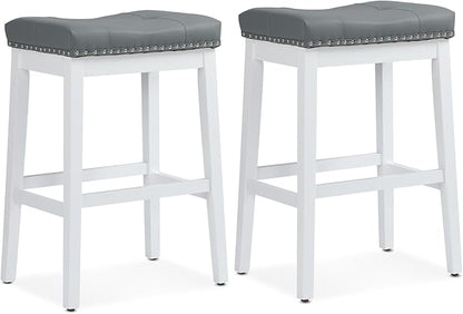 Athena Collection Counter Height Bar Stools Set of 2, 29.5 Inches Backless Saddle Bar Stools with Leather Upholstered and Nailhead Trim, Barstools for Counter, Kitchen Island, Dining Room, Grey