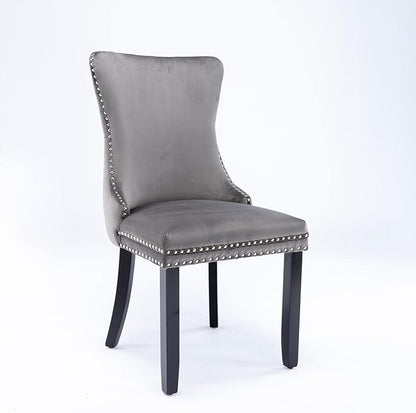 PacknWood Acosure Set of 2 Velvet Upholstered Wing-Back Dining Chair with Backstitching Nailhead Trim,Exquisite Furniture Stool W/Wood Legs,for Kitchen,Sitting Room,Gray