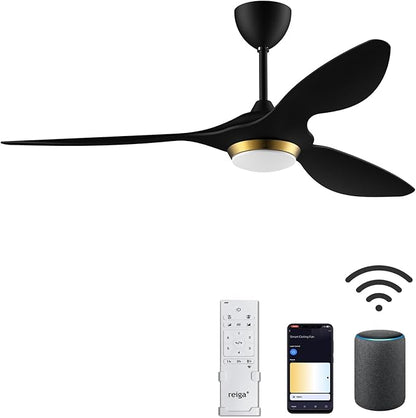 reiga 52 Inch Black Modern Ceiling Fans with Lights and Remote Control, Smart WiFi 3 Blades Quiet DC Motor for Living Room Bedroom Patio Garage, ETL Listed