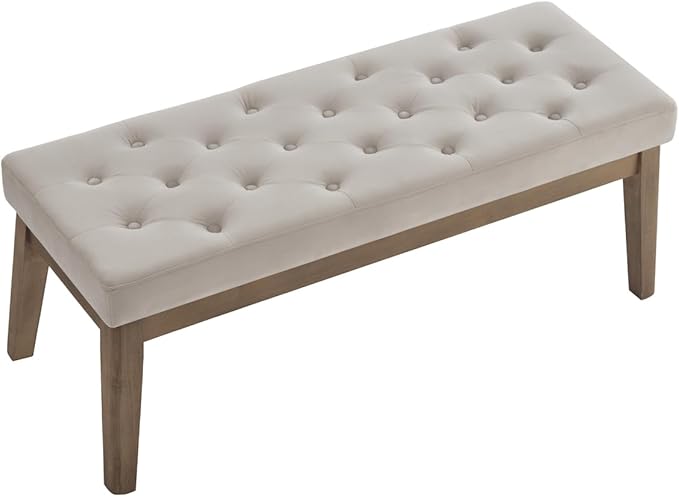 24KF Velvet Upholstered Buttons Tufted Entryway Bench with Solid Wood Leg,Bed Bench Ottoman with Padded Seat,5034-Taupe