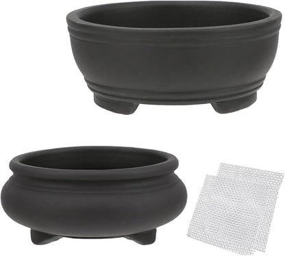 Bonsai Planter 2 pc 3.9" + 4.1" Unglazed Round Ceramic Succulent Pots Set