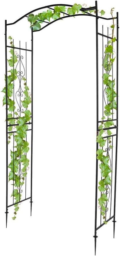 Garden Arbor with Side Garden Trellis, 7.5FT Metal Garden Arch for Climbing Plants Outdoor, Black Archway for Lawn, Patio and Backyard, Wedding Arches for Ceremony, Includes Ground Stakes