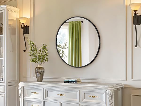 24 Inch Black Round Wall Mirror, Circle Bathroom Mirror with Brushed Metal Frame, Anti-Rust Tempered Glass Vanity Mirror for Bedroom, Entryway, Living Room Farmhouse Decor
