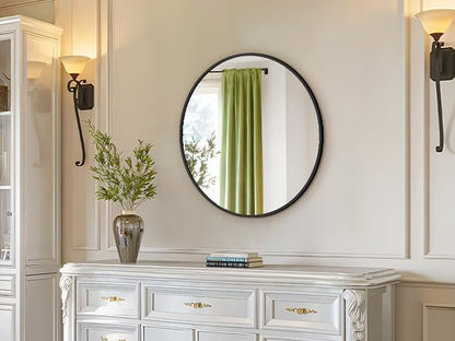 24 Inch Black Round Wall Mirror, Circle Bathroom Mirror with Brushed Metal Frame, Anti-Rust Tempered Glass Vanity Mirror for Bedroom, Entryway, Living Room Farmhouse Decor