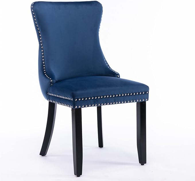 PacknWood Acosure Set of 2 Velvet Upholstered Wing-Back Dining Chair with Backstitching Nailhead Trim,Exquisite Furniture Stool W/Wood Legs,for Kitchen,Sitting Room,Blue