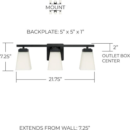 HomePlace Lighting 114431MB-334 Baxley Modern Soft White Glass Bathroom Vanity Wall Light, 3-Light 300 Total Watts, 7" H x 22" W, Matte Black
