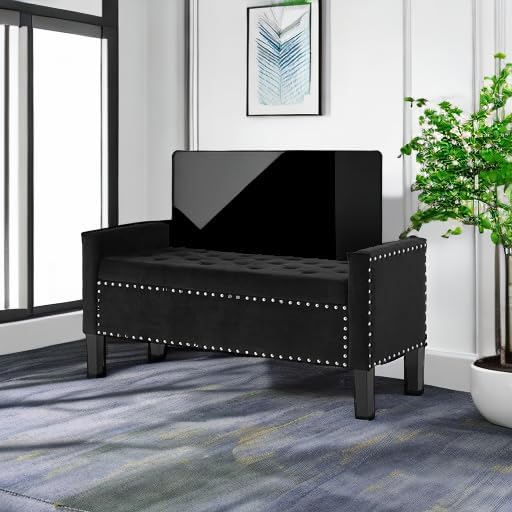 24KF Velvet Modern Upholstered Tufted Button Storage Bench with Arms for Bedroom,Entryway Living Room Soft Padded Seat-Black