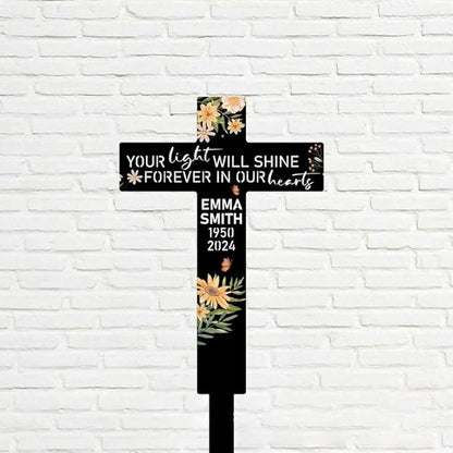 Custom Flower Cross Memorial Stake – Floral Cross Metal Grave Marker, Garden Yard Stake Outdoor Decor (Flower Cross Memorial)