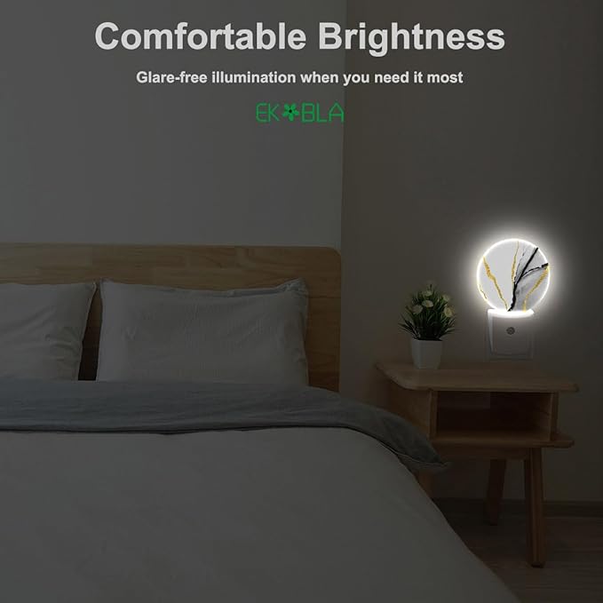 EKOBLA Modern Marble Plug-in Night Light, Gold & Gray Pattern LED Nightlight with Auto Sensor for Stairs, Hallway & Kitchen