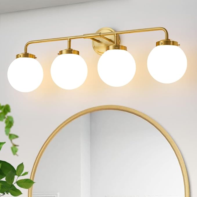 Bathroom Light Fixtures Gold Vanity Lights Over Mirror, Modern Wall Sconce Lighting 4-Light with White Glass Globe Shade