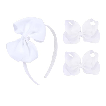 Bow Headband & 2 Pcs 4 Inch Hair Bows Set, Black School Hair Accessories for Little Toddler School Girls (White)
