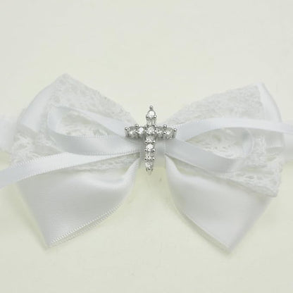Nihao Baby White Cotton Lace and Satin Bow Baptism Headband with Cross (6 months-2 years old)