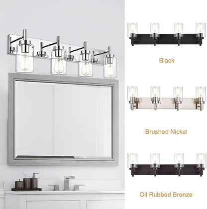 VINLUZ Modern Bathroom Lighting with Clear Glass Shade 4-Light Vanity Light Fixtures Chrome Finished Industrial Wall Light Sconces for Bedroom Hallway (Patent No.: US D958,438 S)