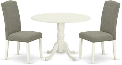 East West Furniture DLEN3-LWH-06 3 Piece Modern Dining Table Set Contains a Round Wooden Table with Dropleaf and 2 Dark Shitake Linen Fabric Parson Dining Chairs, 42x42 Inch, Linen White