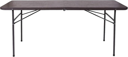 Flash Furniture Elijah 6-Foot Bi-Fold Brown Wood Grain Plastic Folding Table with Carrying Handle