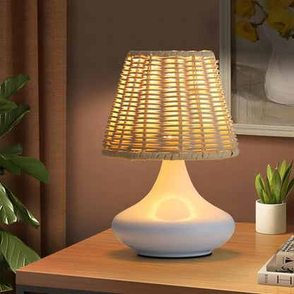 White Woven Bamboo Pendant Light with Iron Base & Three Adjustable Light Colors for Dining Room or Bedroom