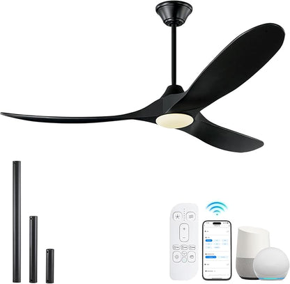 60 inch Black Ceiling Fan with Lights, Outdoor Ceiling Fans for Patios Damp Rated, Large Airflow Smart Propeller Ceiling Fan Modern Wooden Ceiling Fans for Commercial Indoor Exterior House Porch