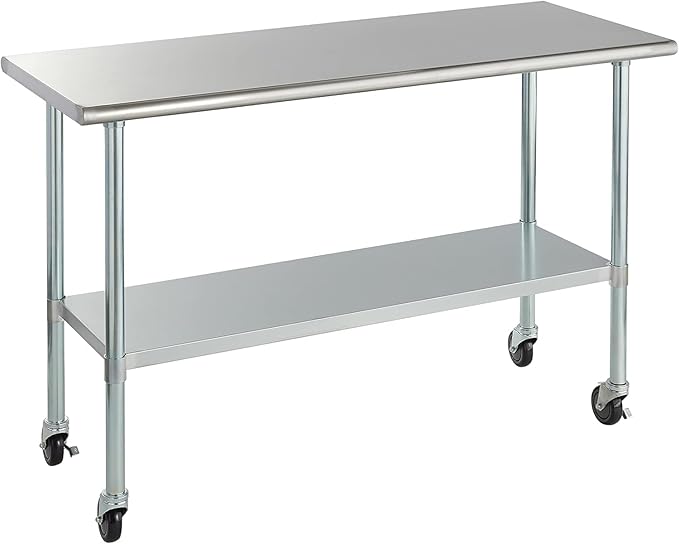 ROCKPOINT Stainless Steel Table for Prep & Work with Caster Wheels 24x60 Inches, NSF Metal Commercial Kitchen Heavy Duty Table with Adjustable Under Shelf and Table Foot for Restaurant, Home and Hotel