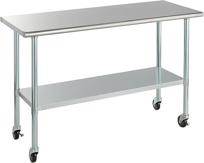 ROCKPOINT Stainless Steel Table for Prep & Work with Caster Wheels 24x60 Inches, NSF Metal Commercial Kitchen Heavy Duty Table with Adjustable Under Shelf and Table Foot for Restaurant, Home and Hotel