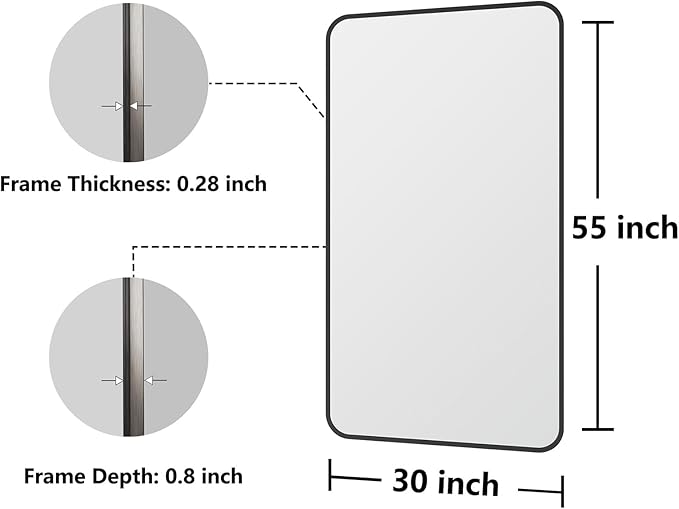 Bathroom Mirror, 30X55 Inch Black Metal Framed Mirror for Bathroom, Tempered Glass, Anti-Rust, Rounded Rectangle Mirror for Restroom, Bedroom, Black