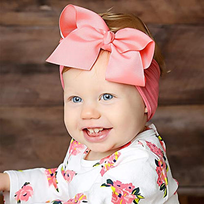 3 Pcs Baby Girls Headband Bows, Soft Nylon Hairbands Cute Big Bow Super Elastic Headband For Baby Girls Newborn Infant Toddlers (Beige Pink White, Large)