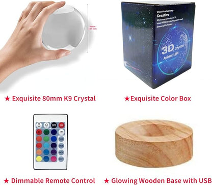 Elephant Crystal Ball Lamp, 3.15 inch, Night Light with Wooden LED Base, Glass Ball with USB, Remote Control, 16 Color Change, Gift Box