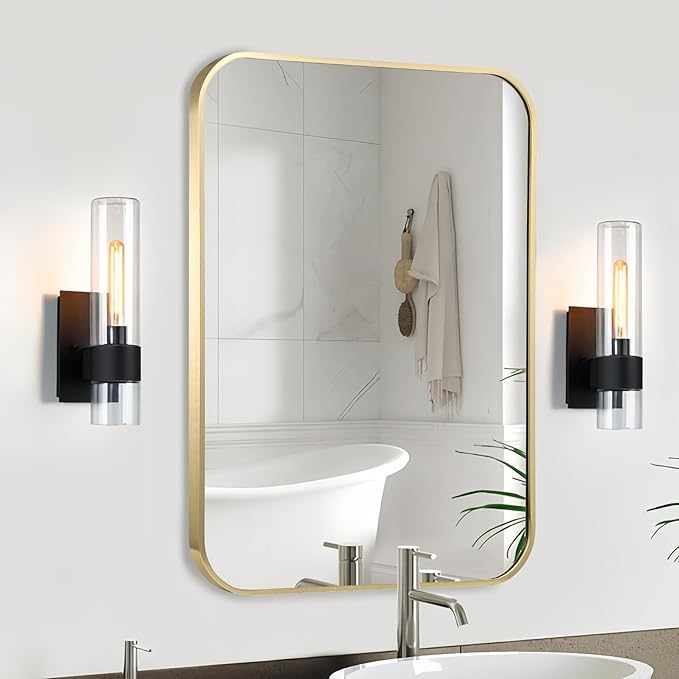 Gold Bathroom Mirror, 22x30 Inch Brushed Gold Mirror, Aluminum Alloy Framed Vanity Mirror, Rounded Rectangle Mirror for Over Sink, Anti-Rust Wall Mirror (Horizontally or Vertically)