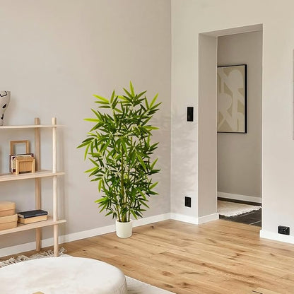 Artificial Bamboo Tree, 5ft Tall Fake Bamboo Plant with White Planter, Faux Trees with 5 Trunks and Lifelike Leaves for Indoor Outdoor Home Office Décor
