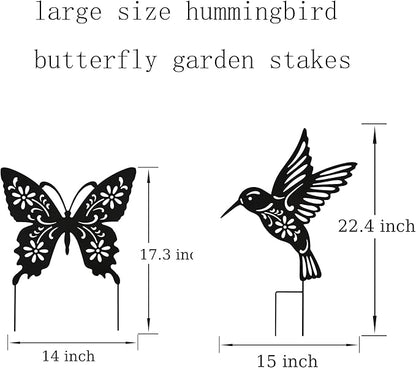 Metal Large Size 20inch Hummingbird Butterfly Decorative Garden Stakes, Black Butterfly Hummingbird Outdoor Decor Silhouette Yard Stake, Outdoor Decorations for Lawn Garden Yard Patio Fall