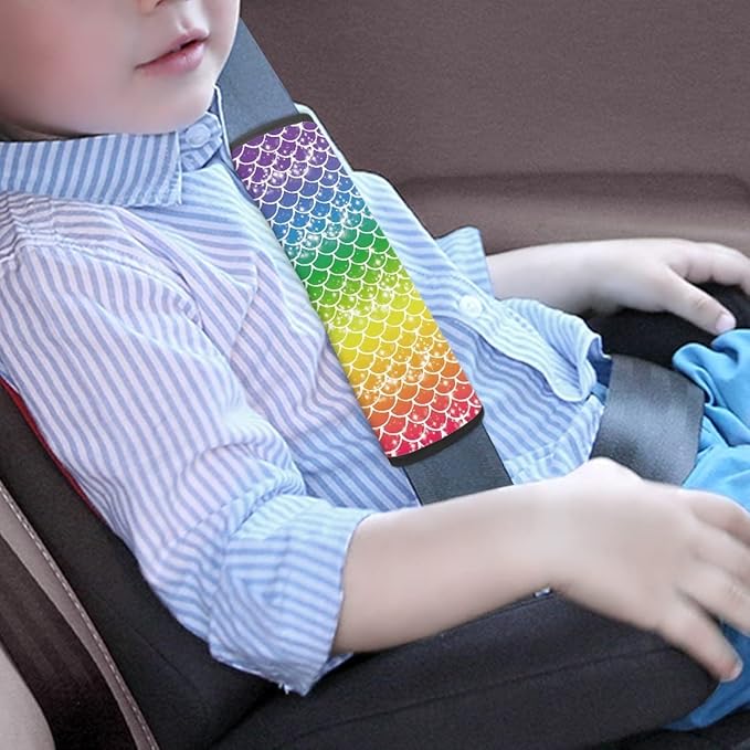 ENLACHIC Baby Car Seat Belt Cover, Cute Dinosaur Print Car Seat Shoulder Strap Pads, Infant Car Seat Cushion Safety Seatbelt Protector for Kids Boys Girls,Rainbow Fish Scale