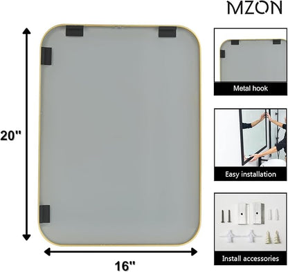 MZON 16x20 Inch Brushed Gold Vanity Mirror, Rectangle Bathroom Mirrors for Over Sink, Anti-Rust Frame & Tempered Glass, Hangs Horizontally/Vertically - Ideal for Small Bathroom or Powder Room