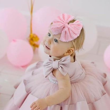 YanJie Baby Girl Bows Nylon Lace Baby Headbands Handmade Soft Elastics Newborn Bows Ruffled Big Bow Hair Accessories for Infant Baby Toddlers Girls Black White Beige Red Pink Blue
