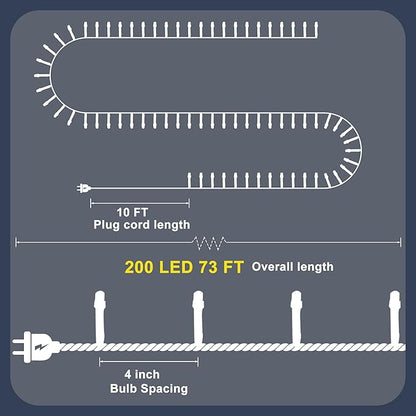 RPGT Christmas Tree Light 200 LEDs 73ft Green Cable Wire Fairy String Twinkle Lights Plug in 12 Modes for Xmas Party, Indoor,Outdoor, Garden, Wedding, Home Decoration (Multi Color)