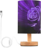 Table Lamp Magic Purple Rose Flower Neon Glare Floral Nightstand Lamp with Wood Base Fabric Lamp Shade Bedside Desk Lamp for Living Room Bedroom Kids Room Office