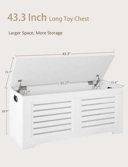 DINZI LVJ Storage Chest, 43.3” Wooden Toy Box with 2 Safety Hinges, Retro Entryway Shoe Storage Bench with Flip-Top, Sturdy Large Storage Trunk for Living Room, Bedroom, Easy Assembly, White