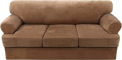 Sofa Cover 4 Piece T Cushion Sofa Slipcovers Thick Velvet Couch Cover Furniture Protector Stretch Sofa Covers for 3 Cushion Couch with 3 Individual T Cushion Covers Washable, Camel