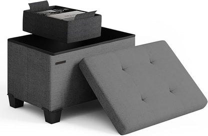 STORAGEBUD Storage Ottoman Cube with Small Bin, 16-in Square Ottoman with Storage for Living Room and Bedroom, Small Ottomans Foot Rest, Fabric Foot Stools Ottomans Max 330lbs, Grey