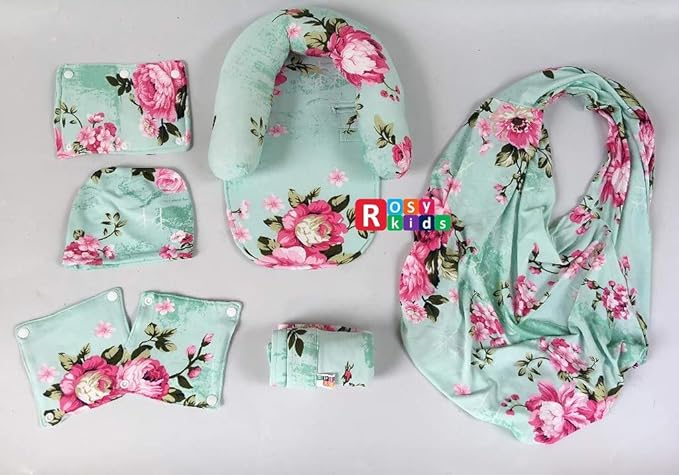 9pc Baby Girl Ultimate Set of Infant Car Seat Cover Canopy Headrest Blanket Hat Nursing Scarf, 25JE04
