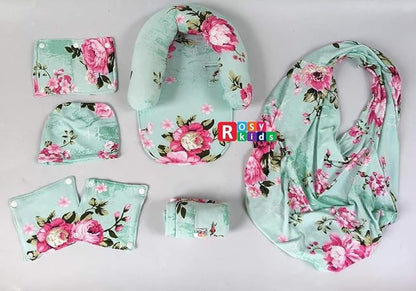 9pc Baby Girl Ultimate Set of Infant Car Seat Cover Canopy Headrest Blanket Hat Nursing Scarf, 25JE04