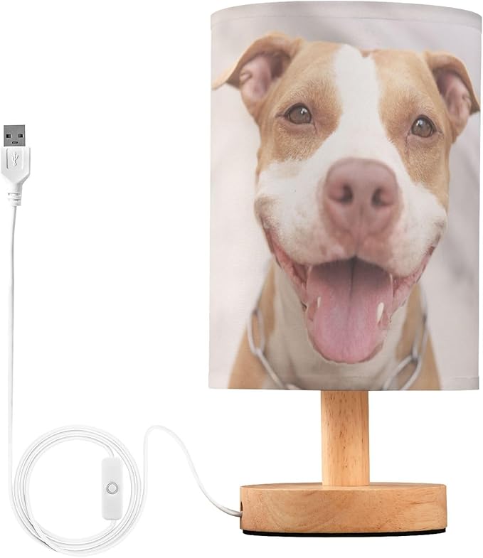 Table Lamp Pitbull Dog Smile Nightstand Lamp with Wood Base Fabric Lamp Shade Bedside Desk Lamp for Living Room Bedroom Kids Room Office
