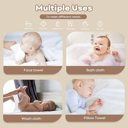 Yoofoss Muslin Baby Washcloths 100% Organic Cotton Face Towels 10 Pack Wash Cloths for Baby 12x12in Soft and Absorbent Baby Wipes (White)