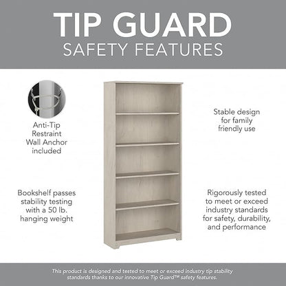 Bush Furniture Cabot Tall 5 Shelf Bookcase | Large Open Bookshelf in Linen White Oak | Sturdy Display Cabinet for Library, Living Room, and Home Office