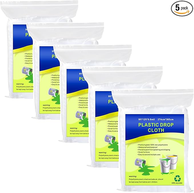 5 Pieces Plastic Drop Sheets for Painting, Waterproof and Dust-Proof Clear