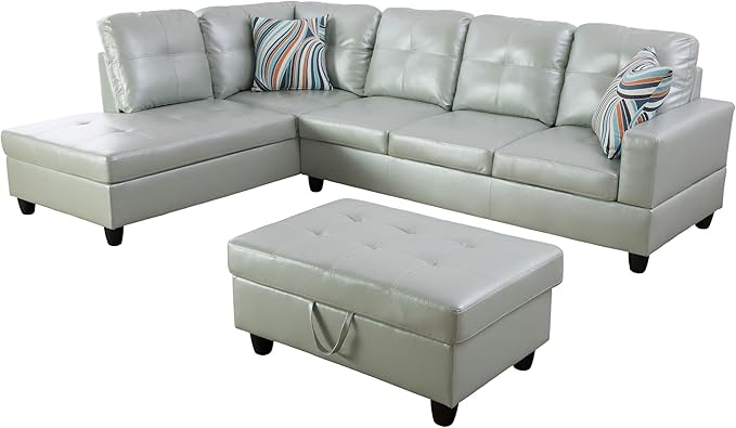 L Shaped Couch PU Leather Sectional Couch Upholstered 3 Pieces Sofas for Living Room with Chaise, Storage Ottoman for Office and Small Apartment, Silver Green